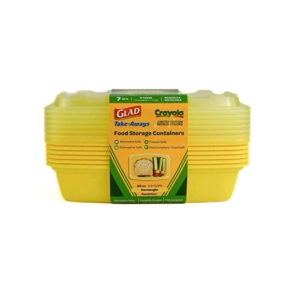 Glad Crayola Take-Aways Food Storage Containers 7 Sets 28oz Dandelion Yellow NEW